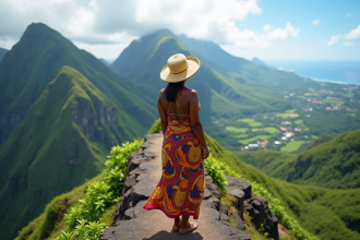 Femme creole en sarong sur un sommet de Reunion
