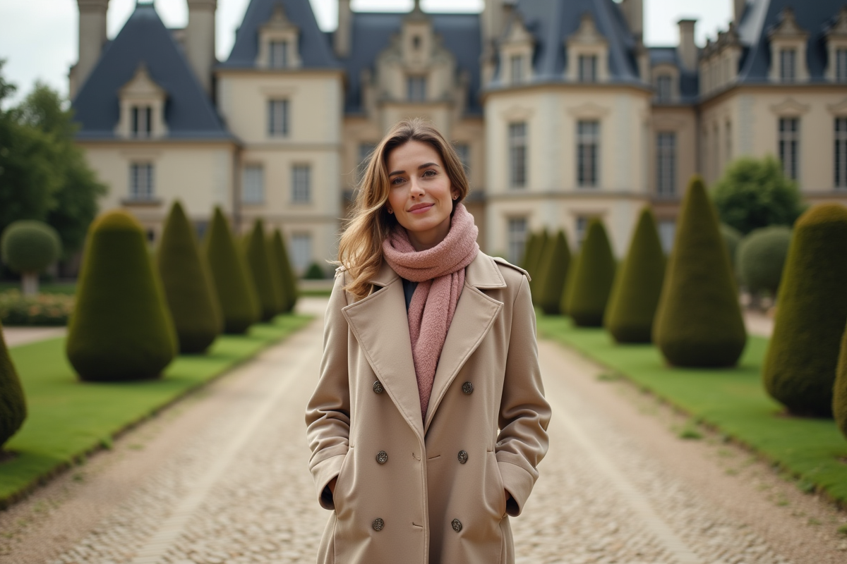 Femme élégante devant un château français historique