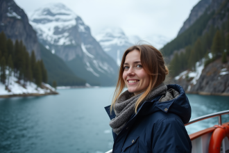 Femme souriante sur un ferry en Norvege avec fjord