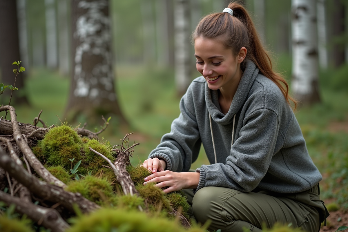 Jeune femme arrangeant branches en forêt