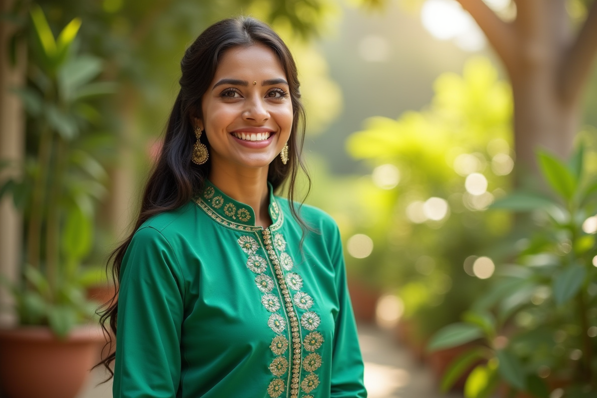 Femme indienne souriante en kurta verte en plein air