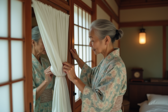 Femme japonaise âgée en kimono drapant un tissu blanc