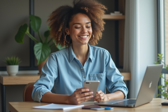 Jeune femme souriante envoyant un billet d'avion numérique