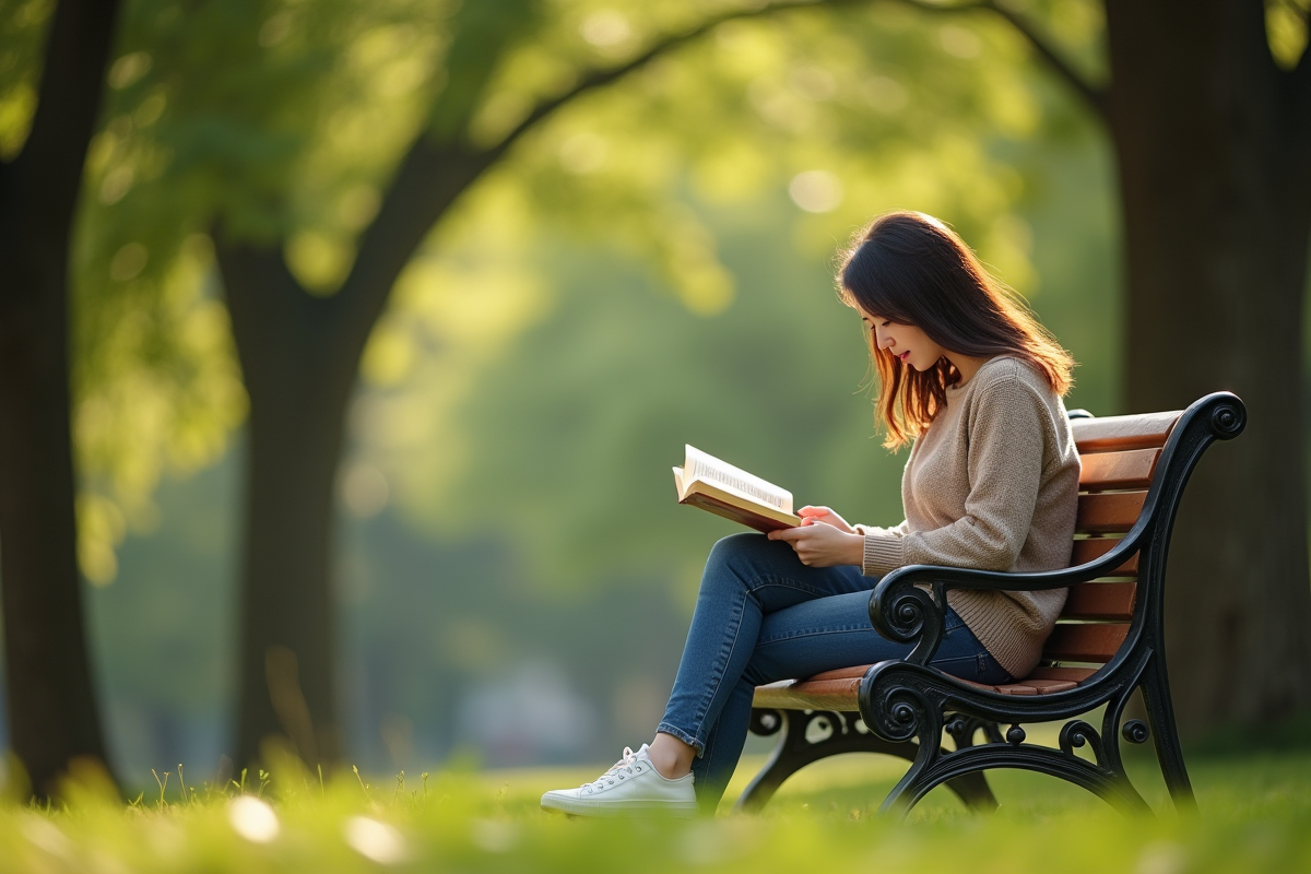 Jeune femme lisant sur un banc dans un parc ensoleille
