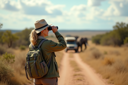 Femme avec jumelles observant des éléphants dans la savane