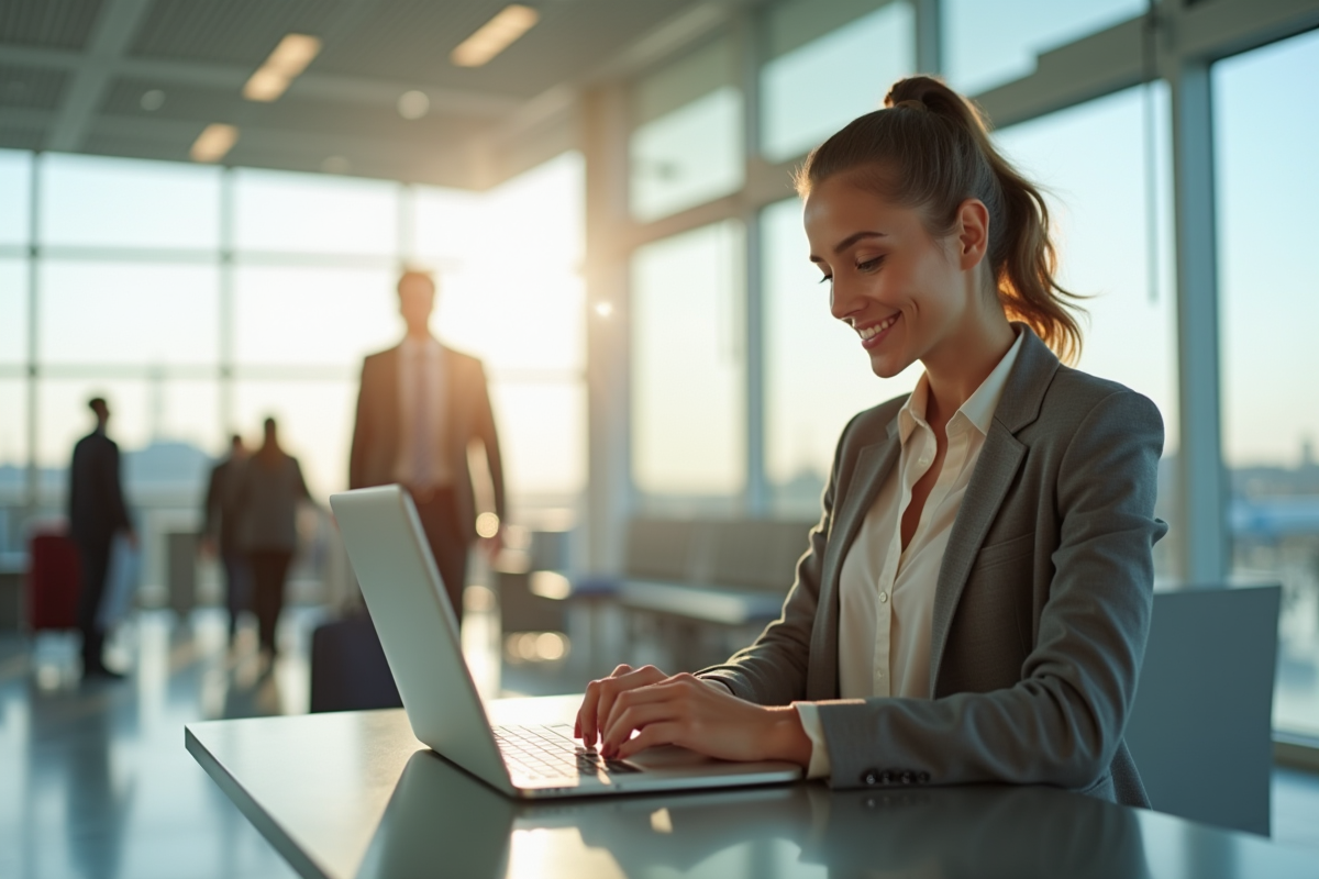Jeune femme professionnelle utilisant son ordinateur à l'aéroport