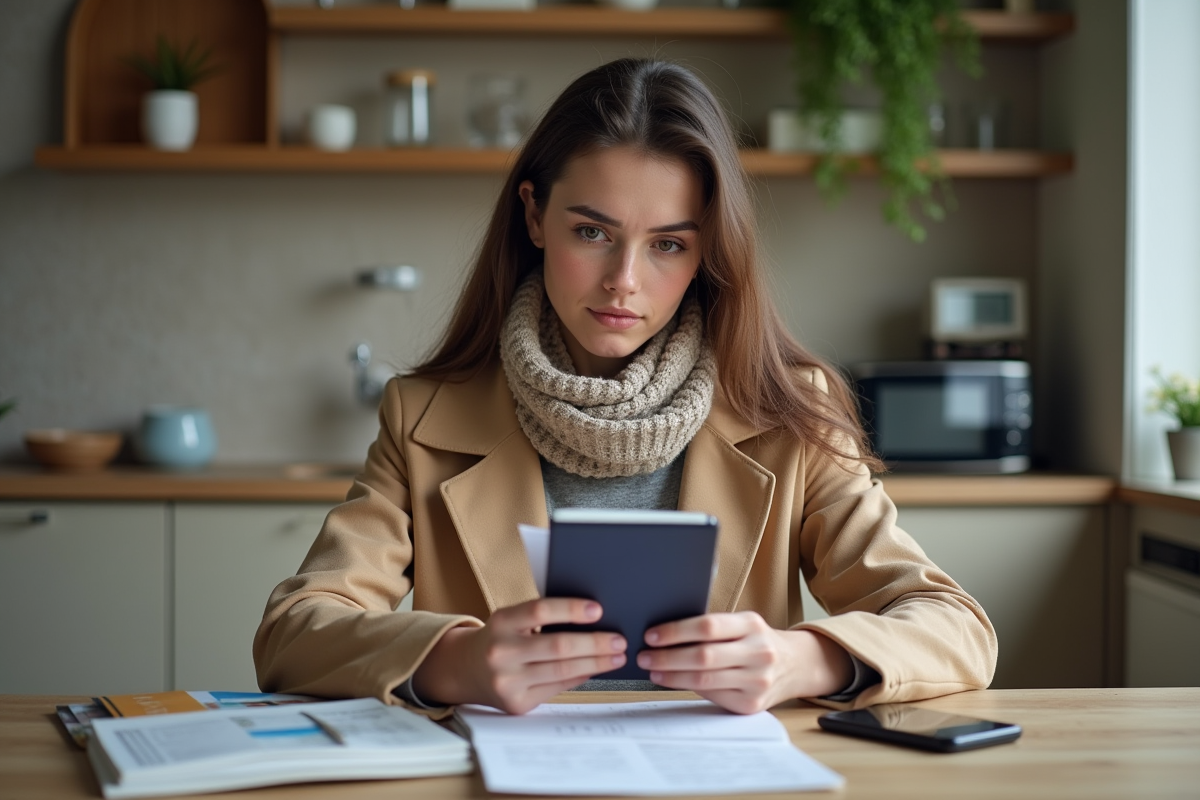 Femme jeune examinant ses documents de voyage à la maison