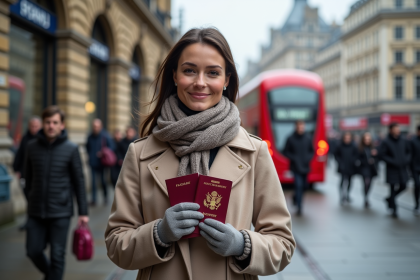 Femme avec passeport à Londres en matinée urbaine