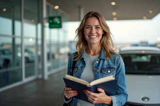 Femme souriante avec passeport et permis de conduire à l'aéroport