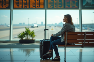 Femme pensant à l'aéroport avec valise et tableau de départ