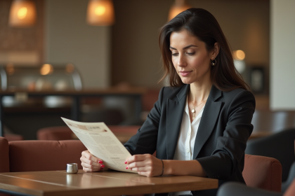 Femme d affaires en tenue business casual lisant un menu petit déjeuner