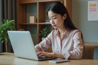 Jeune femme en blouse effectuant une réservation d'hôtel sur son ordinateur