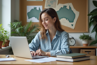 Jeune femme remplissant formulaire de visa dans un bureau moderne