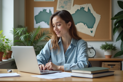 Jeune femme remplissant formulaire de visa dans un bureau moderne