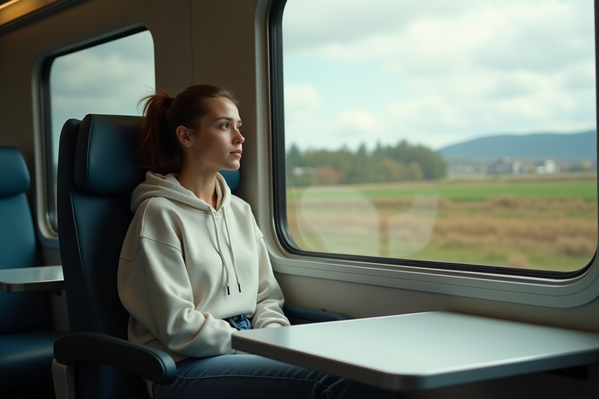 Jeune femme dans un train regardant par la fenêtre