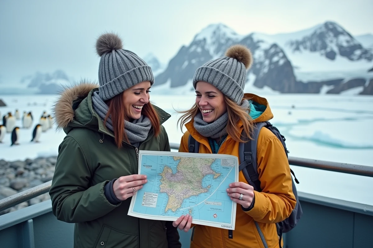Deux femmes regardent une carte sur une station polaire