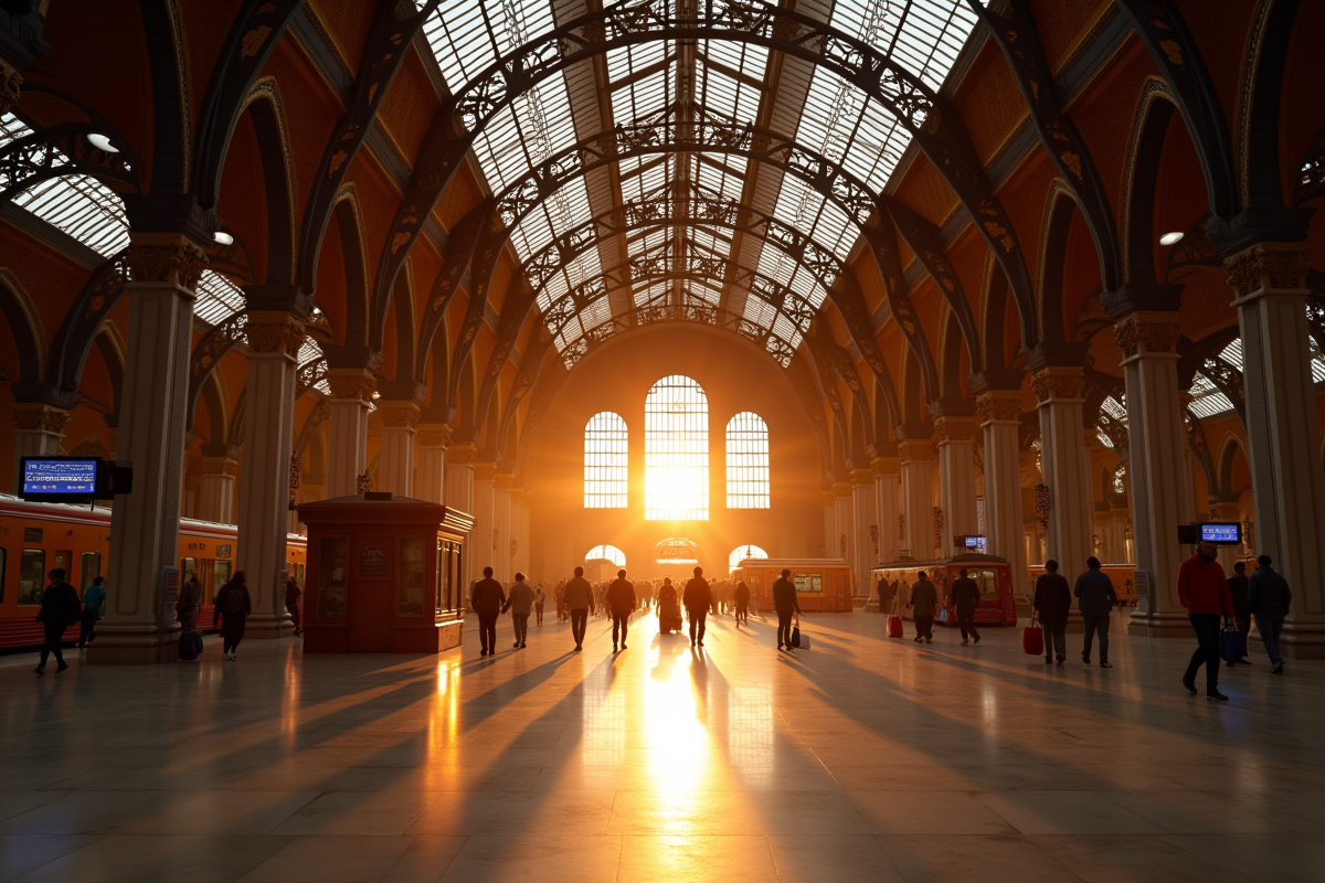 Intérieur d'une gare européenne majestueuse au lever du soleil