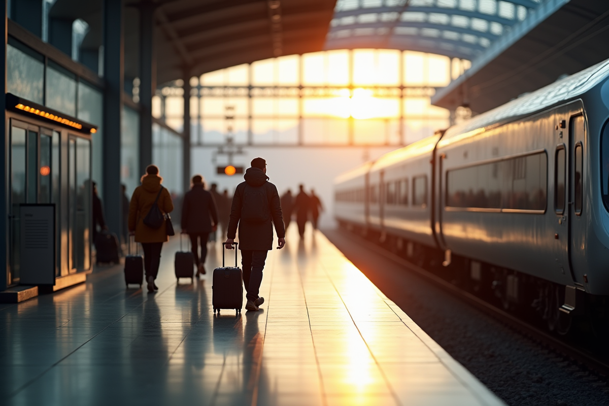 Gare européenne avec train international au matin