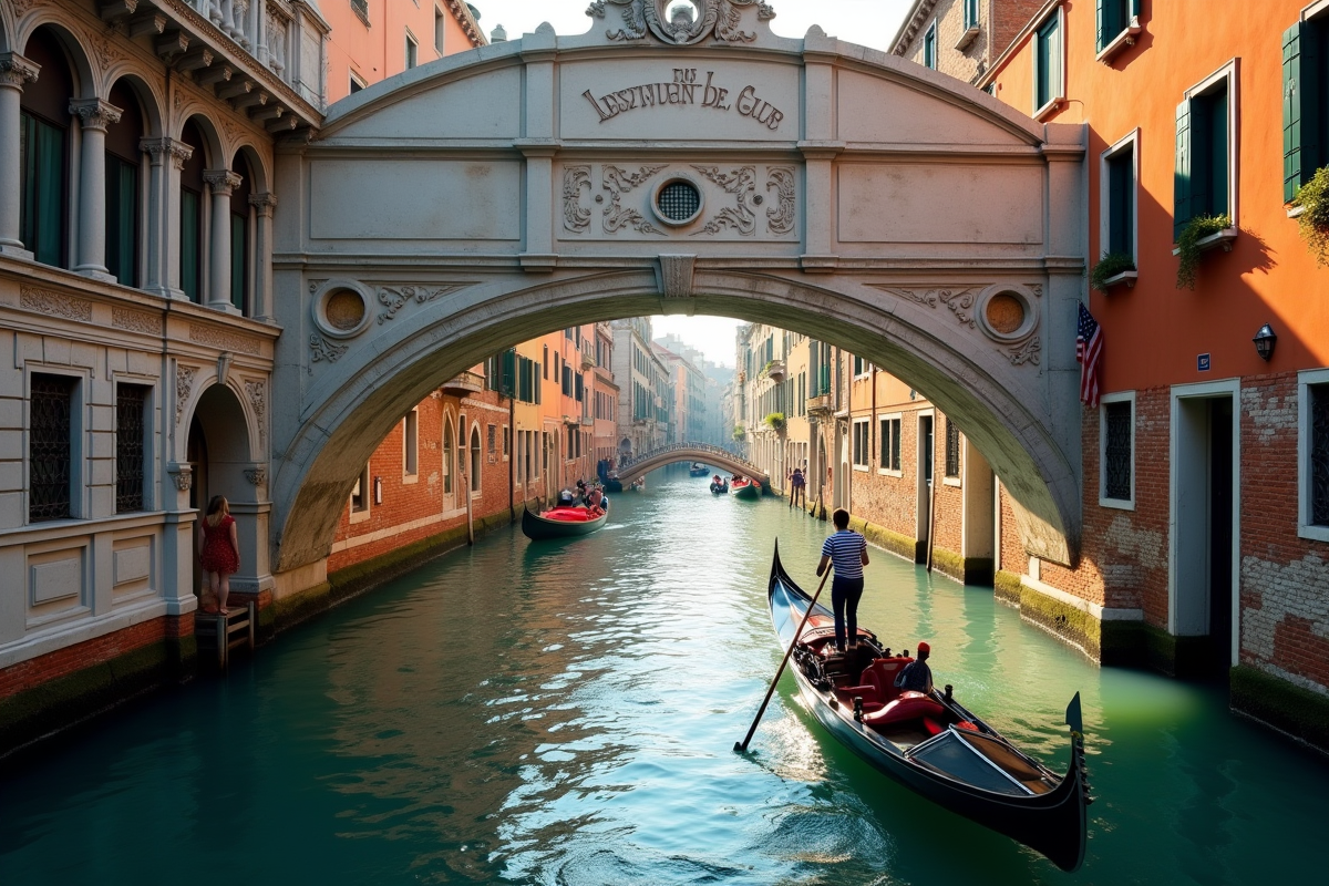 Gondole passant sous un pont ancien sur le canal de Venise