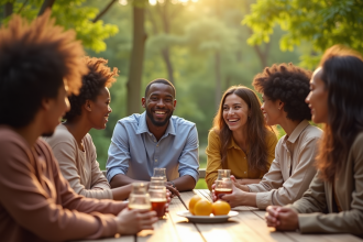Groupe divers de personnes souriantes autour d'une table en plein air