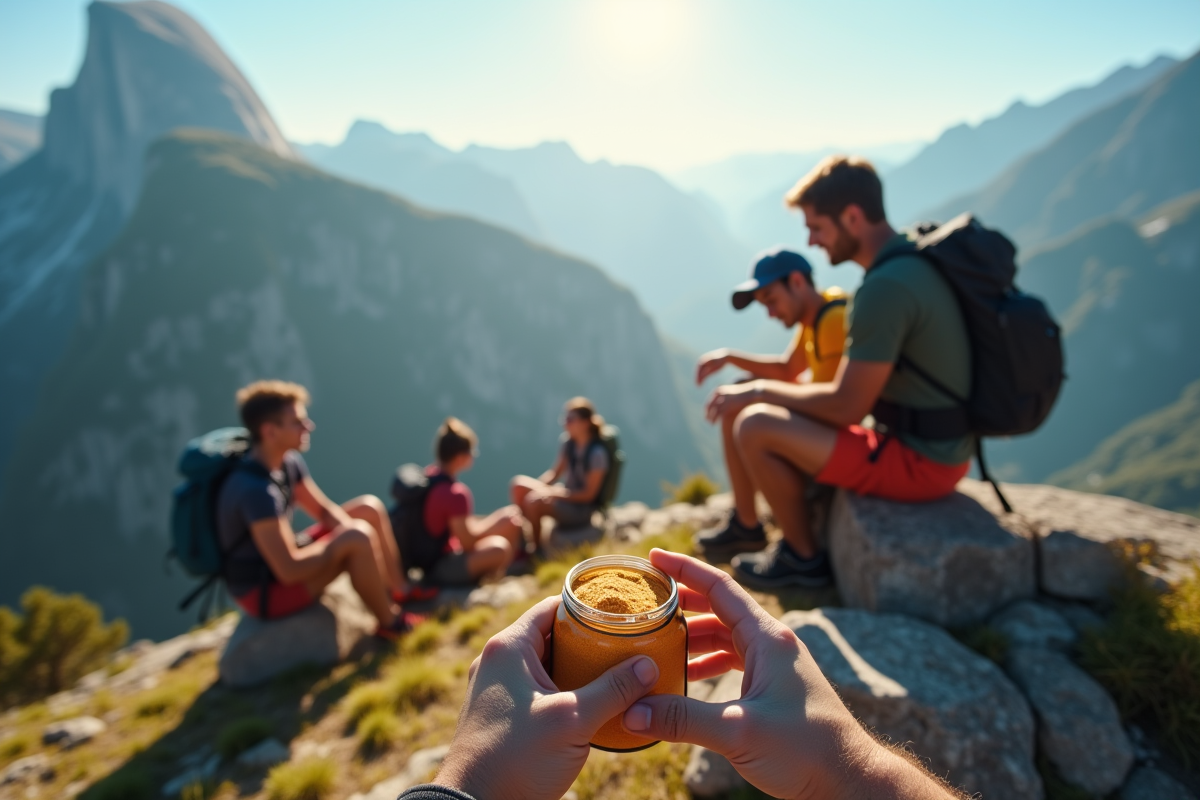 Groupe de randonneurs mélangeant poudre d