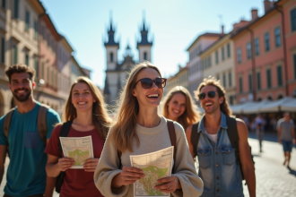 Groupe de touristes explorant une place historique en ville