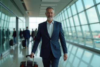 Homme d'affaires en costume dans un aéroport animé