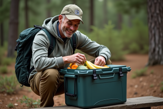 Homme en plein air préparant un glacière en forêt
