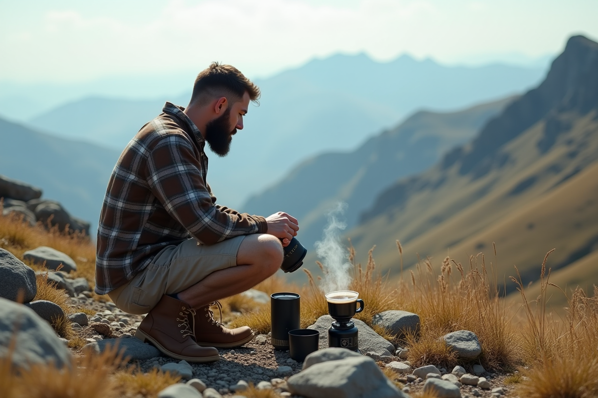 Homme préparant du café sur un plateau en montagne