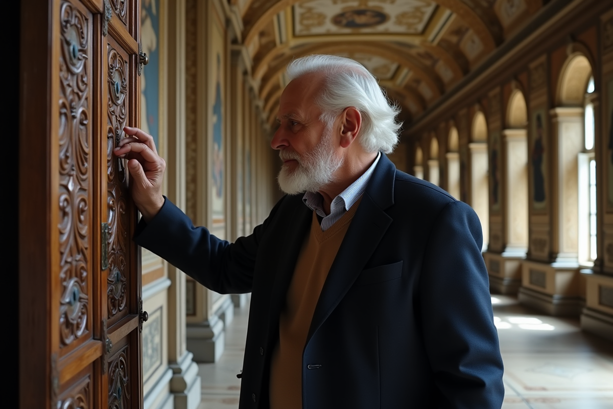 Homme âgé examinant des sculptures dans un château