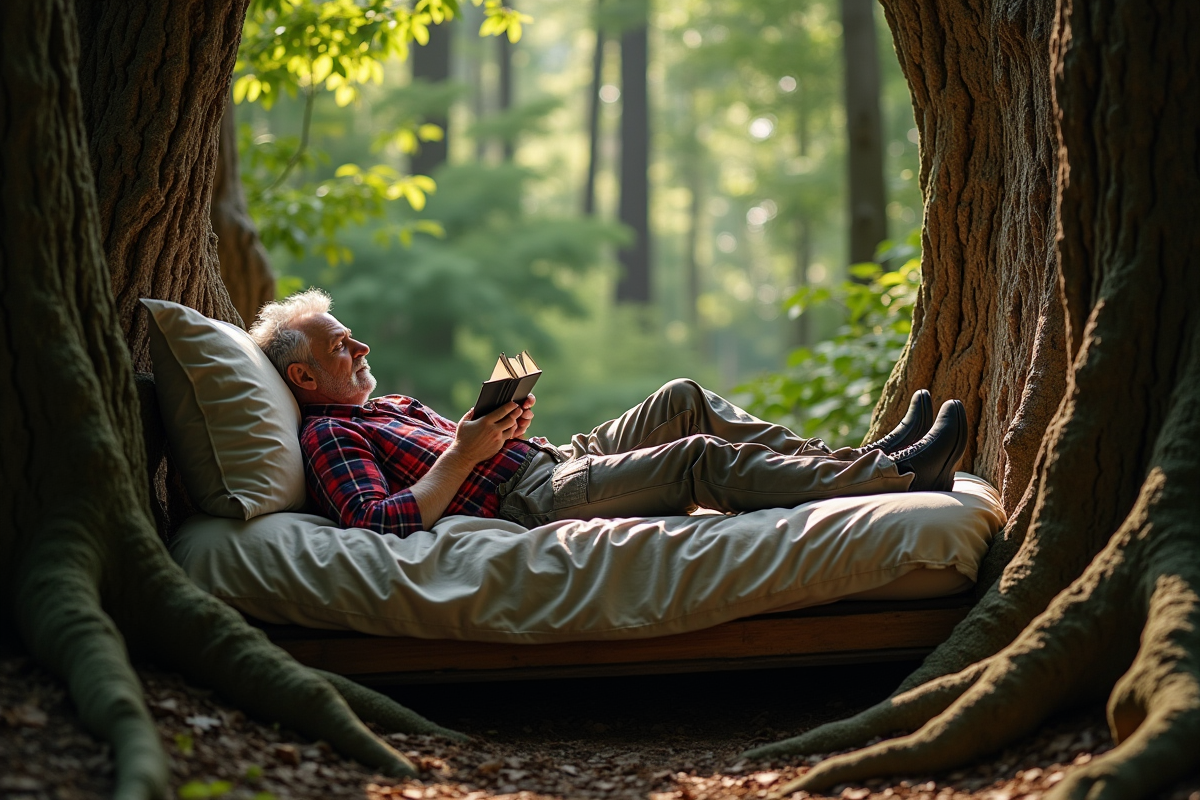 Homme lisant dans un lit en bois au milieu des arbres