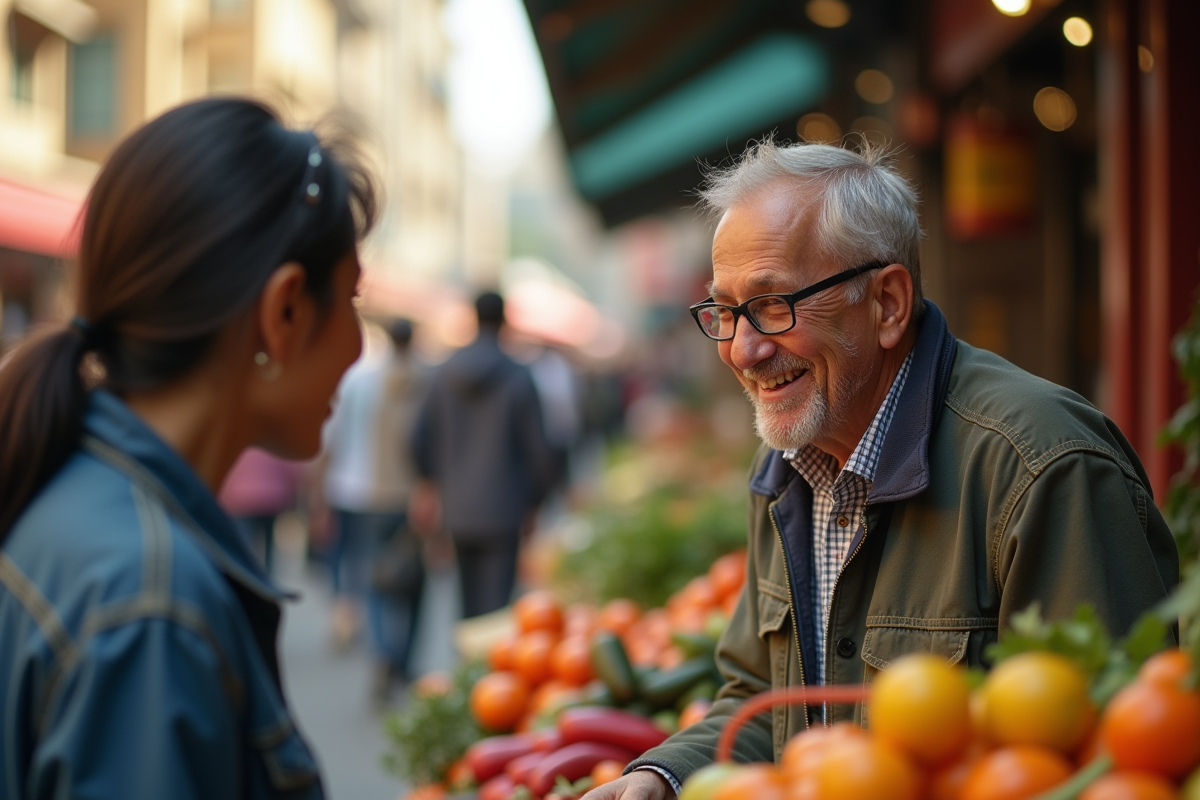 Homme riant dans un marché local animé en ville étrangère