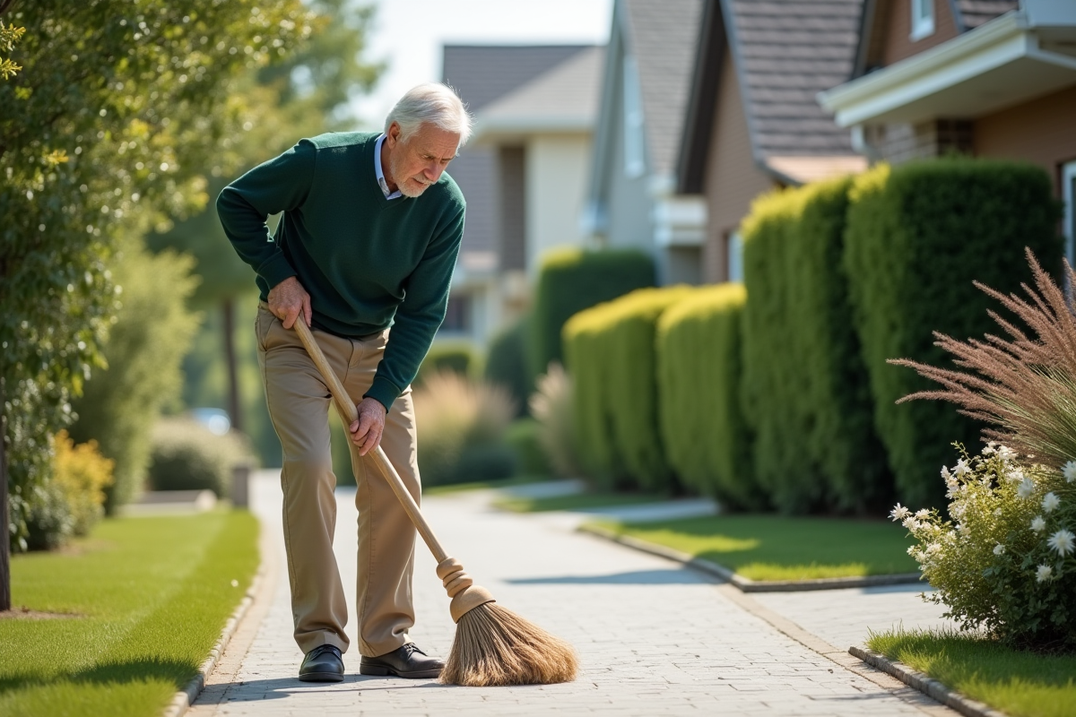 Homme âgé nettoyant le trottoir résidentiel