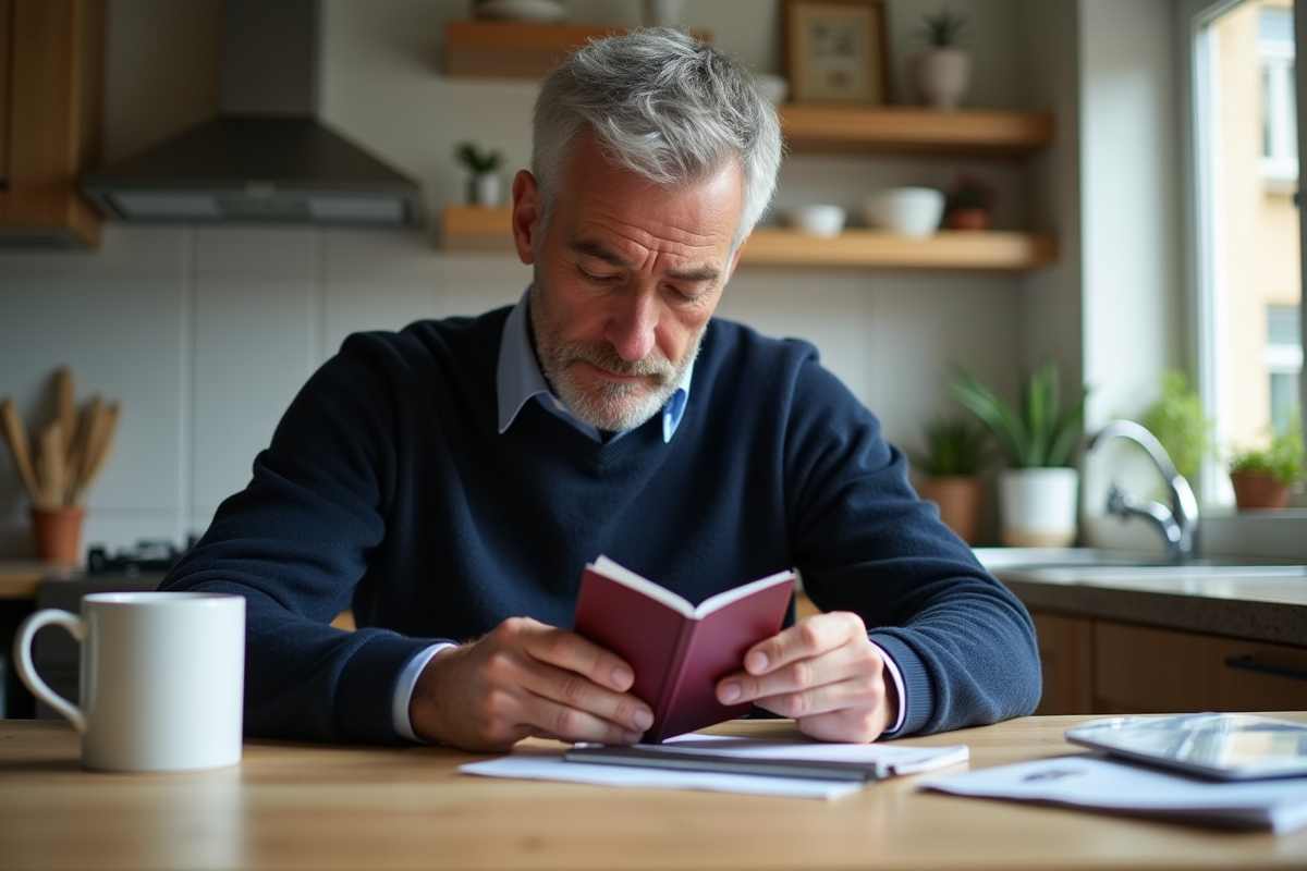 Homme vérifiant son passeport dans une cuisine lumineuse