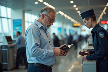 Homme d'âge moyen vérifiant son passeport à l'aéroport