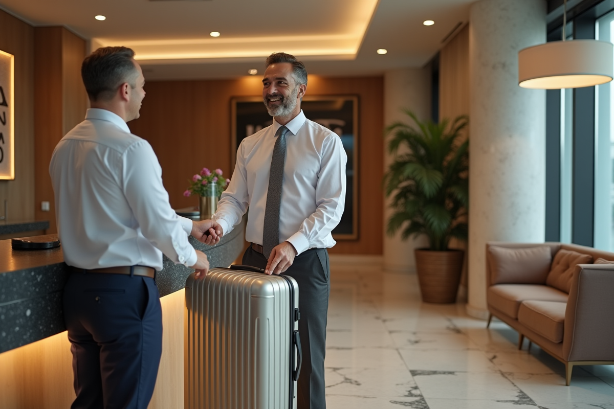 Homme d age moyen au reception d hotel avec valise en main
