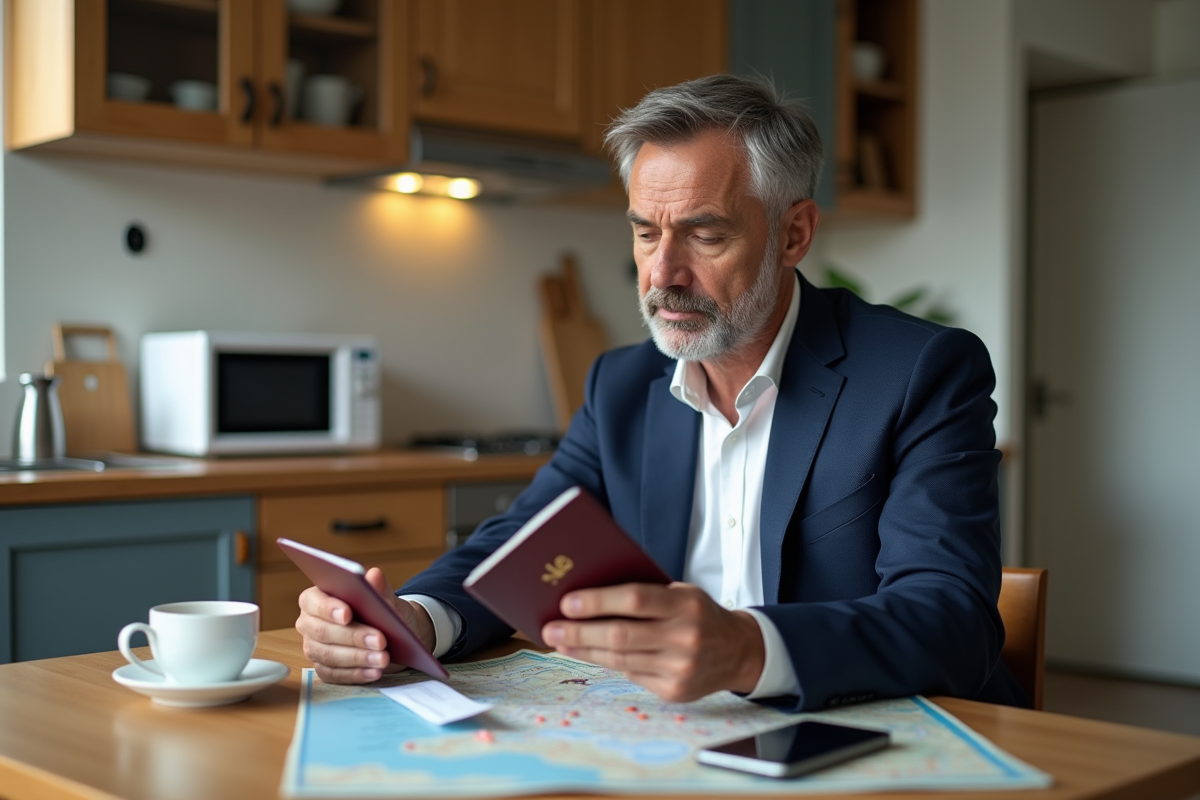 Homme examine son passeport à la maison pour l