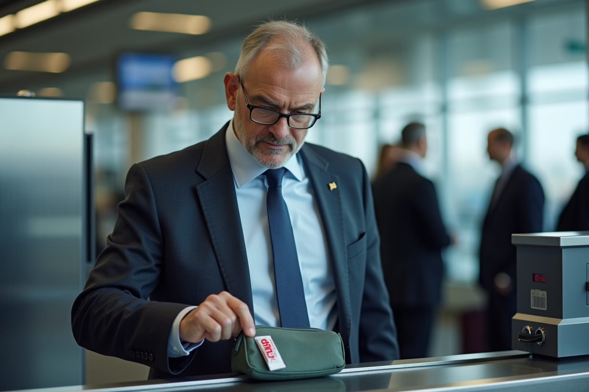 Homme en costume vérifiant ses articles de toilette au contrôle