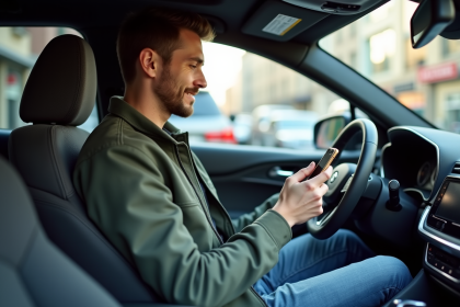 Homme en voiture moderne regardant son smartphone