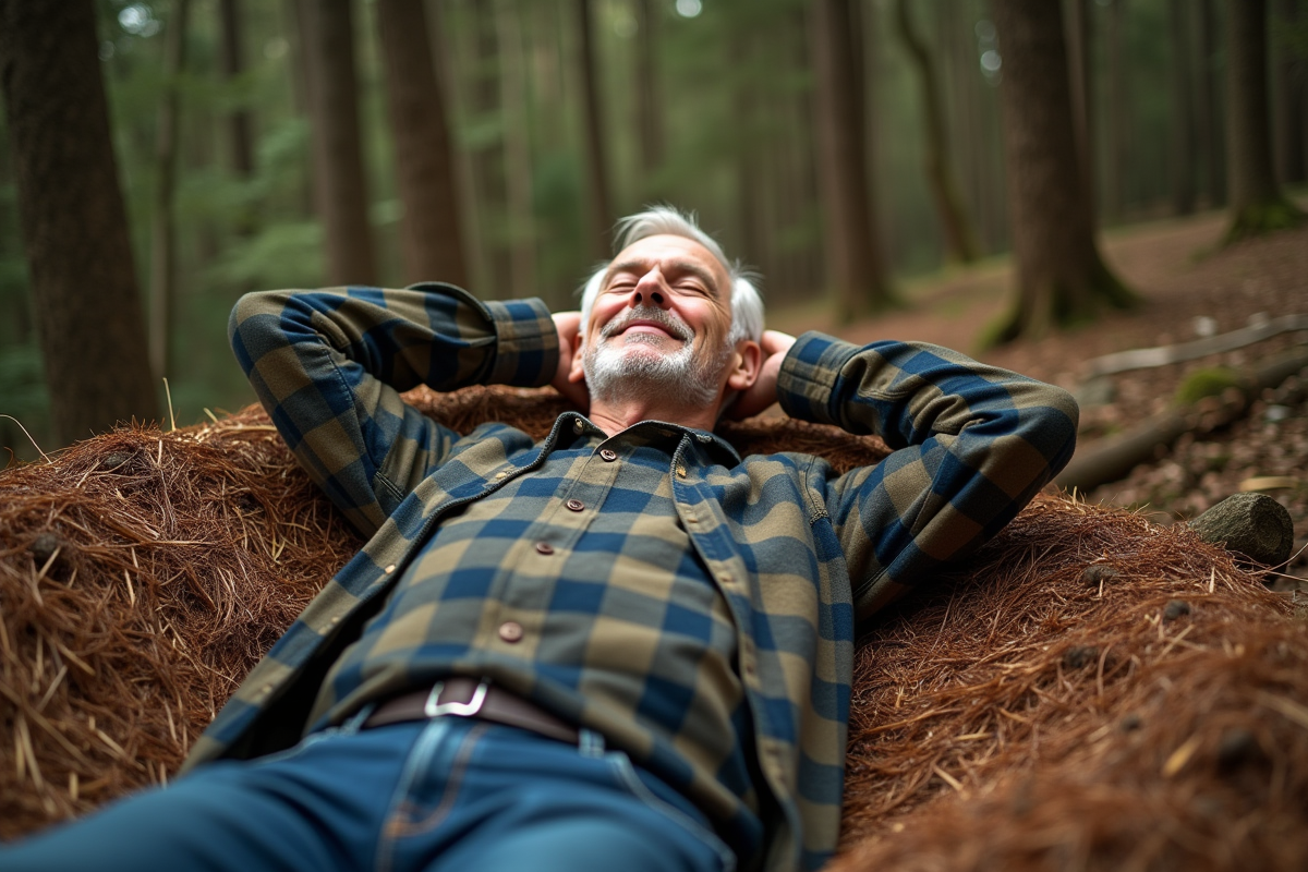 Homme allongé sur lit de bois en forêt