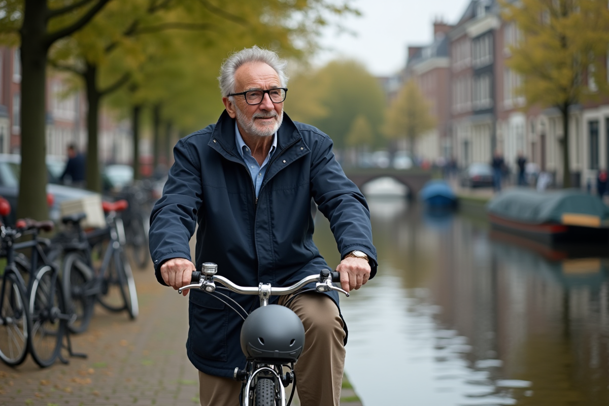 Homme néerlandais âgé près du canal avec vélo
