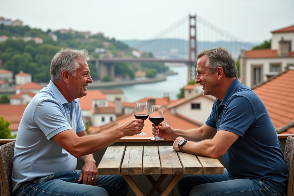 Deux hommes trinquant avec porto sur une terrasse à Porto