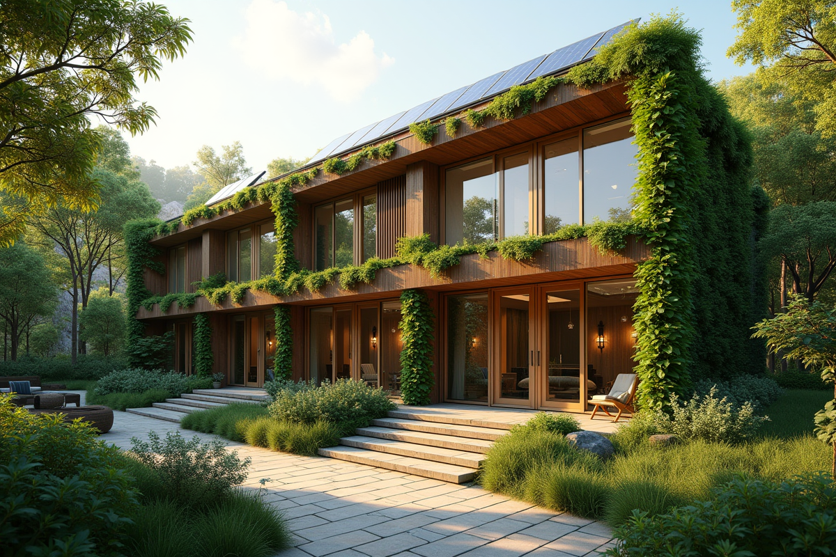 Hôtel écologique moderne entouré de verdure avec grandes fenêtres