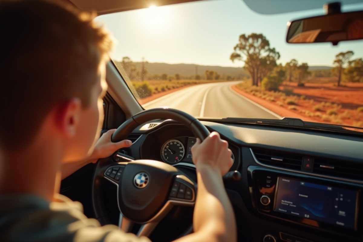 Jeune conducteur dans l'outback australien au volant