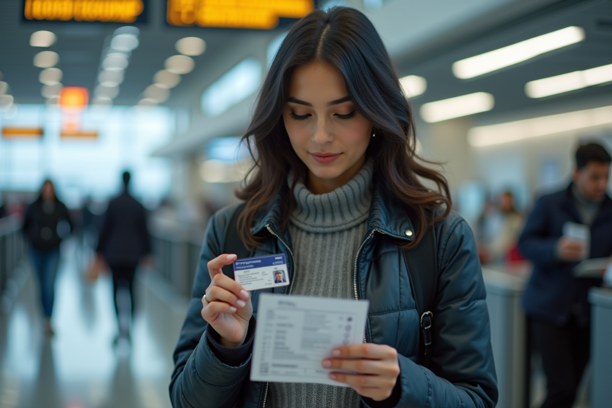 Jeune femme à l'aéroport tenant sa carte d'identité française