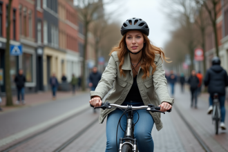 Jeune femme néerlandaise à vélo dans Amsterdam