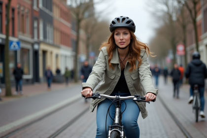 Jeune femme néerlandaise à vélo dans Amsterdam