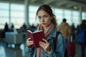 Jeune femme avec passeport à l'aéroport pour l'article