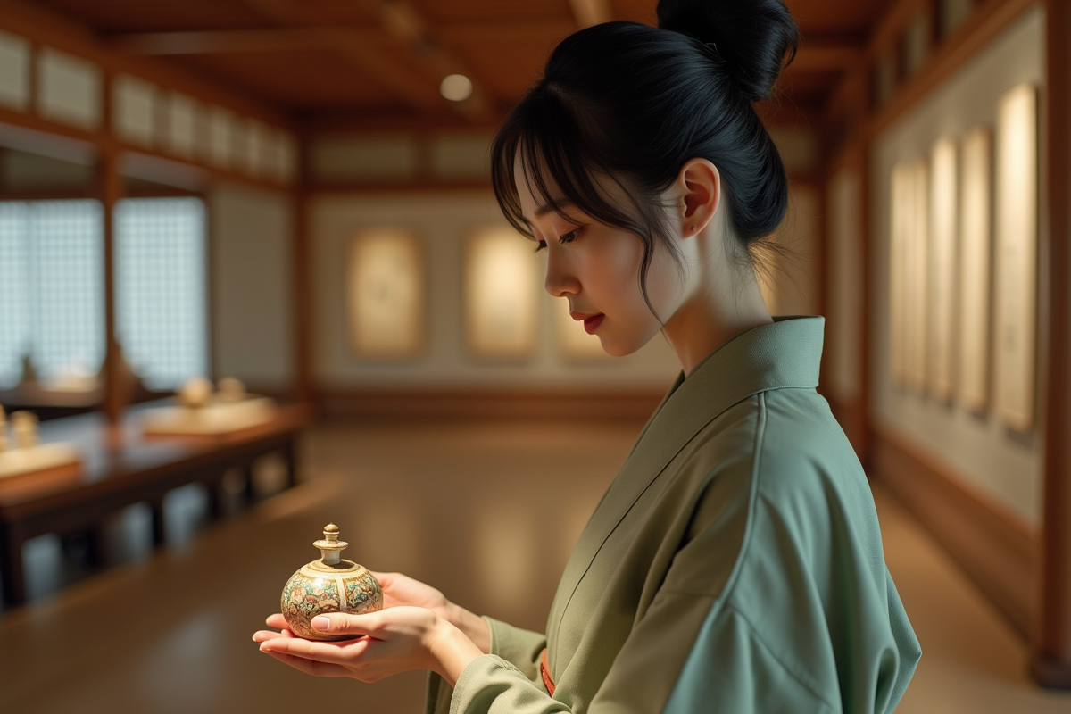 Jeune femme japonaise examine un artefact dans un musée