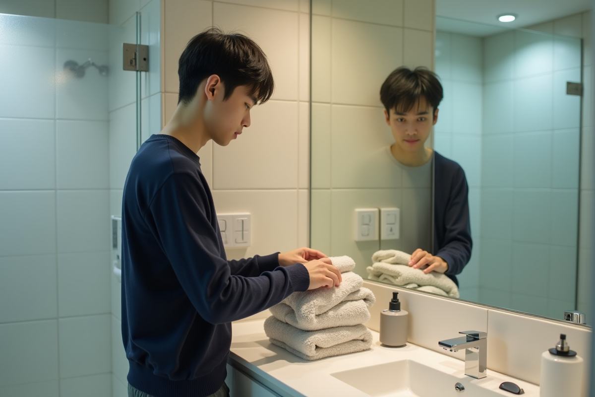 Jeune homme japonais plaçant une serviette dans un miroir de salle de bain